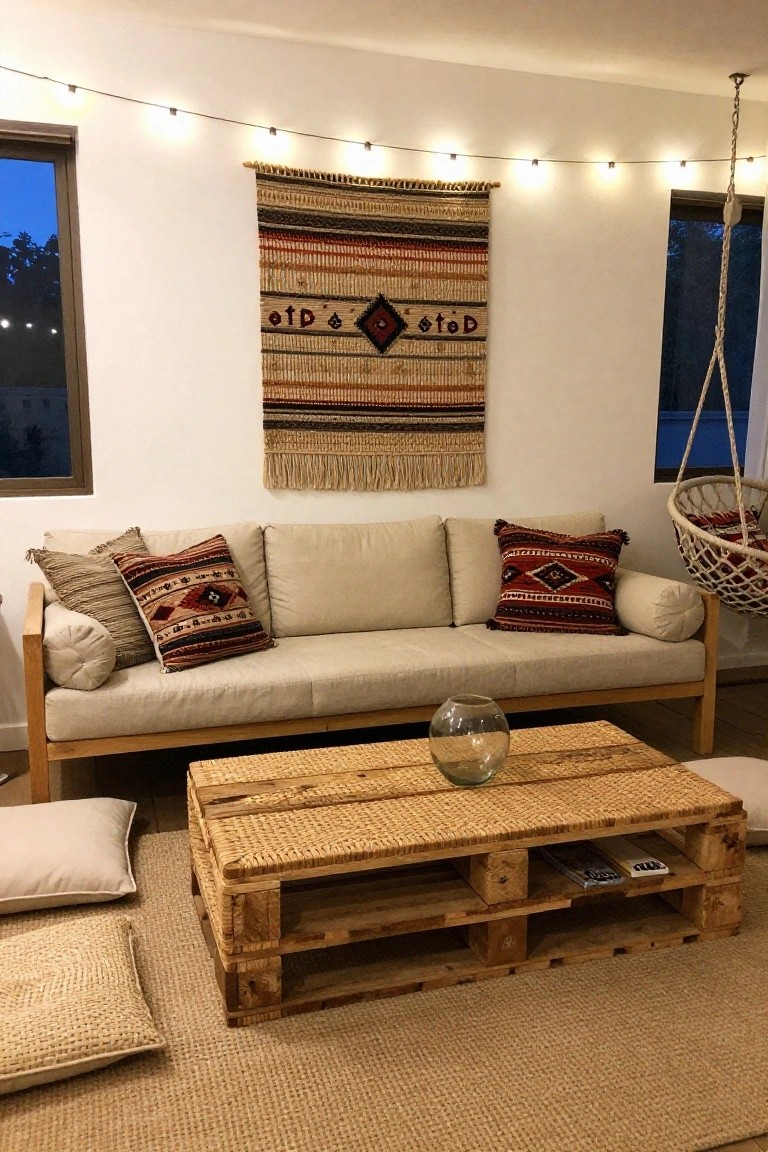 A boho living room with a low beige wooden sofa piled with patterned pillows, a pallet coffee table topped with rattan matting and holding books underneath, beige floor cushions, a hanging macrame egg chair, and a woven wall hanging under string lights.