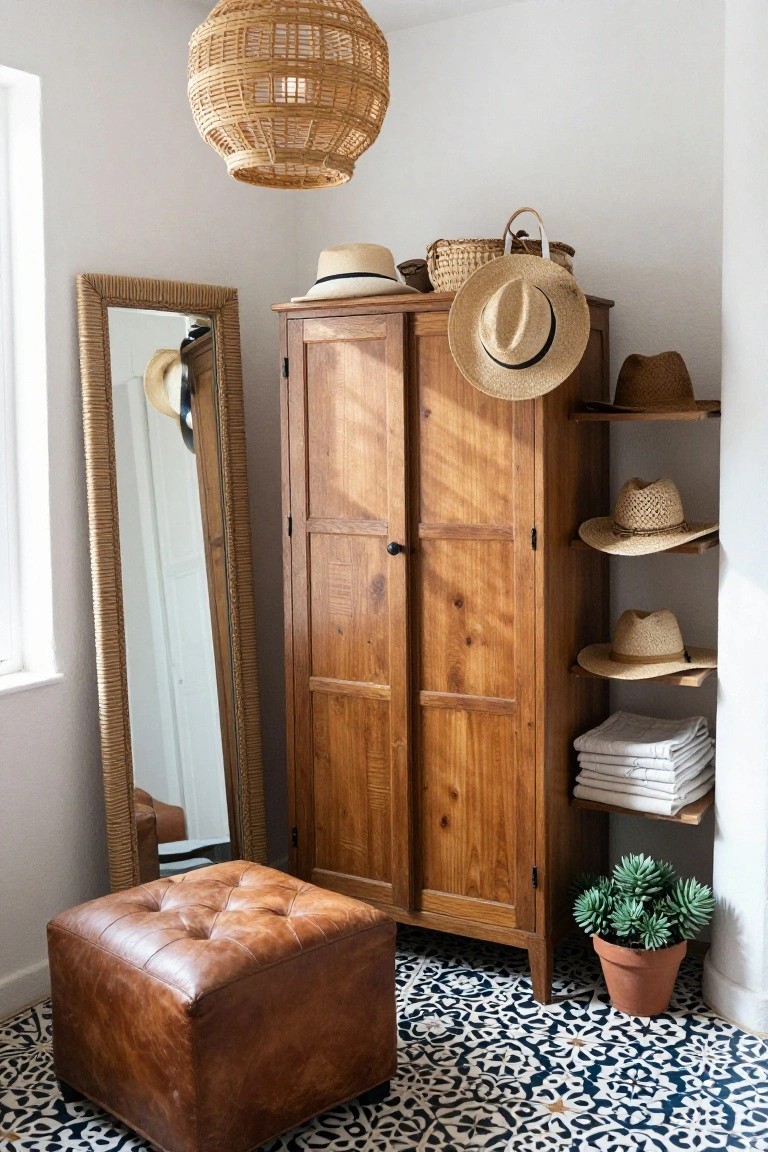 Tall wooden wardrobe in a white room corner with open side shelves displaying straw hats and folded white towels, next to rattan-framed full-length mirror, leather ottoman on navy patterned tile floor, woven pendant light overhead, and potted succulent plant.
