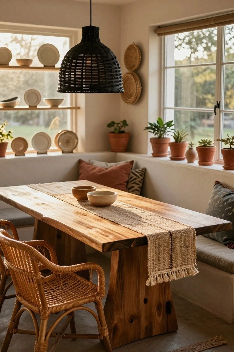 Dining nook with live-edge wooden table, built-in cushioned bench along window sill, rattan armchairs, assorted pillows, potted plants, and ceramic dishware on shelves and windowsill in light-filled room.