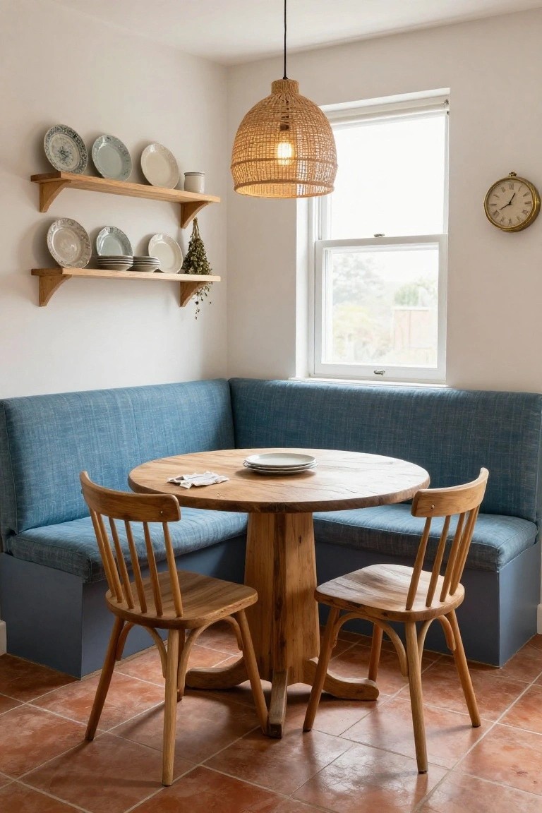 Kitchen corner with blue upholstered L-shaped booth seating, round wooden table, two wooden chairs, wall shelves holding plates and a small plant, rattan pendant light, clock on wall, and window.
