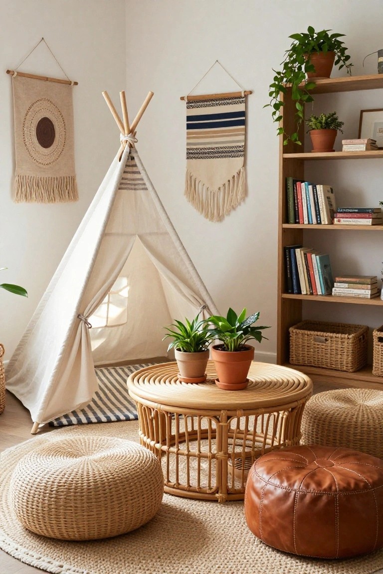 Indoor room corner with a white teepee tent, round rattan table, woven and leather poufs, potted plants, wooden bookshelves with books, macrame wall hangings, and beige rug.