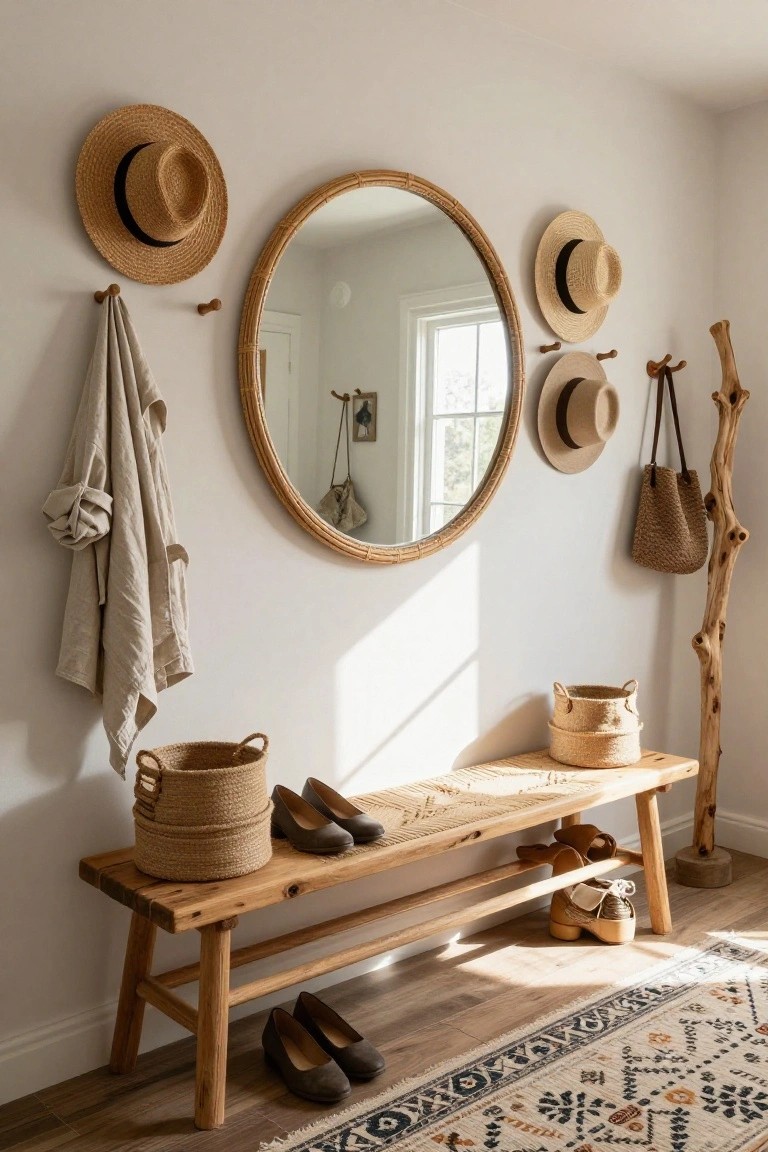Light entryway with wooden bench on floor, rattan baskets underneath holding shoes, round rattan mirror on wall, hats on hooks, hanging towel and bags, wood coat rack, and woven rug.