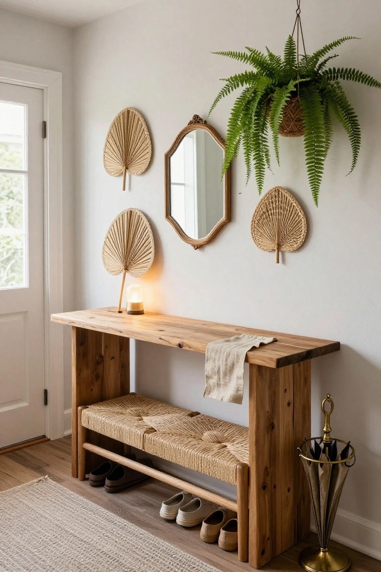 Light wood console table with linen runner and glass lamp in a white entryway, woven bench with shoes stored underneath, seagrass fan wall hangings, oval mirror, hanging fern plant, and brass umbrella stand on light wood floor.