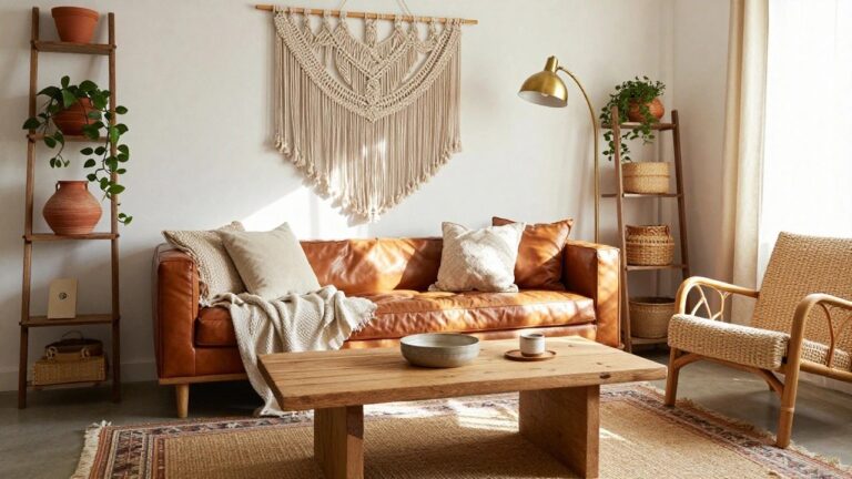 23 Functional Boho Furniture Ideas That Balance Style And Comfort A boho living room with tan leather sofa, white knit pillows and throw, wooden coffee table, macrame wall hanging above limestone fireplace, plants, ladder shelf with baskets, and patterned rug on wood floor.