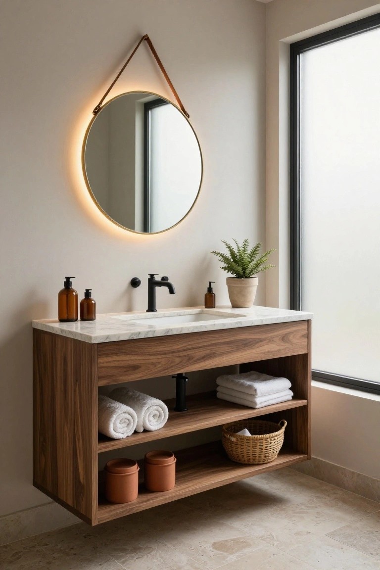 Floating walnut wood bathroom vanity with white marble top, black faucet, open lower shelves holding white towels, woven basket, and terra cotta pots, round leather-strapped mirror with LED lighting, fern plant in terracotta pot, and frosted window beside light beige wall on tiled floor.