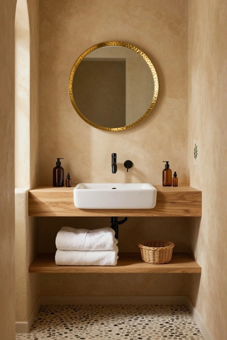 A small arched bathroom alcove with beige textured walls, a large round gold-framed mirror above a white rectangular sink on a floating wooden shelf, flanked by brown glass bottles, folded white towels and a wicker basket on the lower shelf, and pebble stone floor.