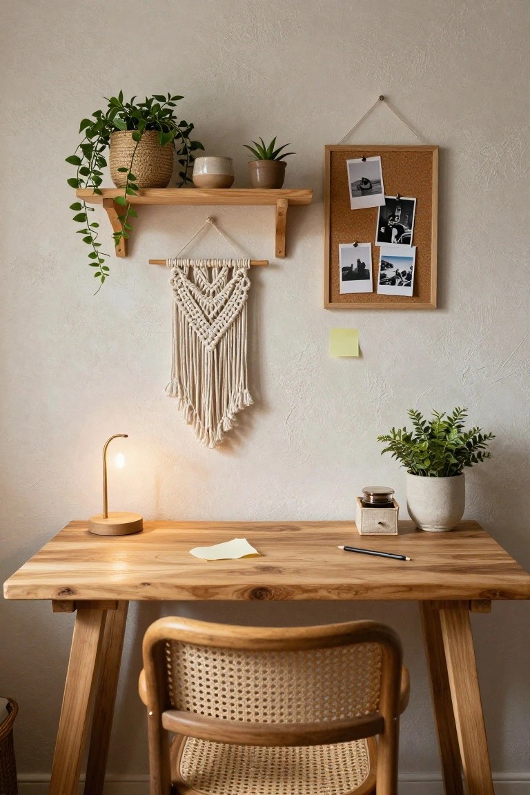 Wooden desk with rattan chair, desk lamp, pencil, sticky note, plants on shelves, macrame hanging, corkboard with photos, and small pots in a light beige room.