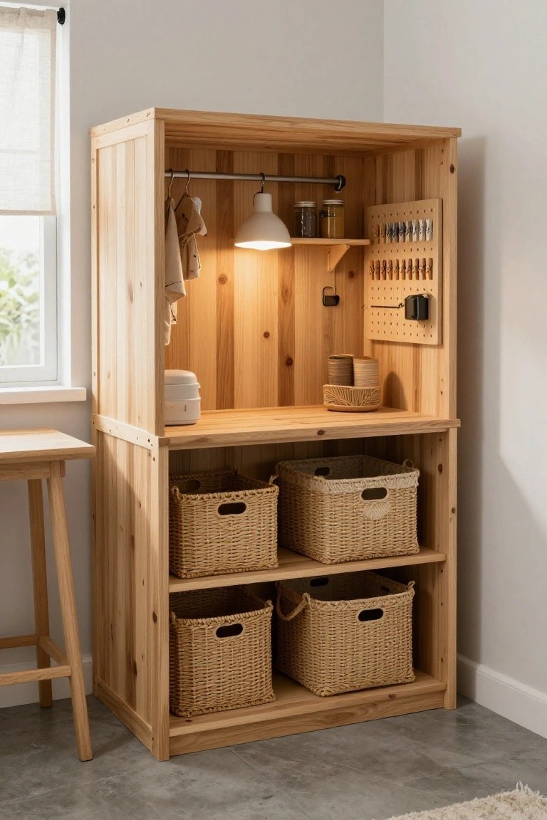 Tall open pine wood wardrobe with hanging rod, beige jacket, pegboard organizer, wicker baskets on shelves, small lamp, and stool nearby in a light room.