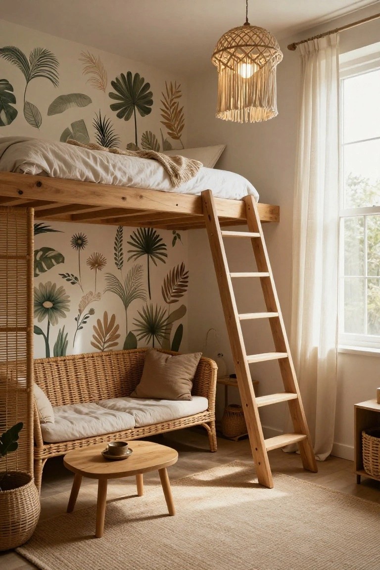 Kids bedroom with elevated wooden loft bed and ladder, rattan sofa and coffee table below, tropical leaf wallpaper on walls, pendant lamp, sheer curtains at window.