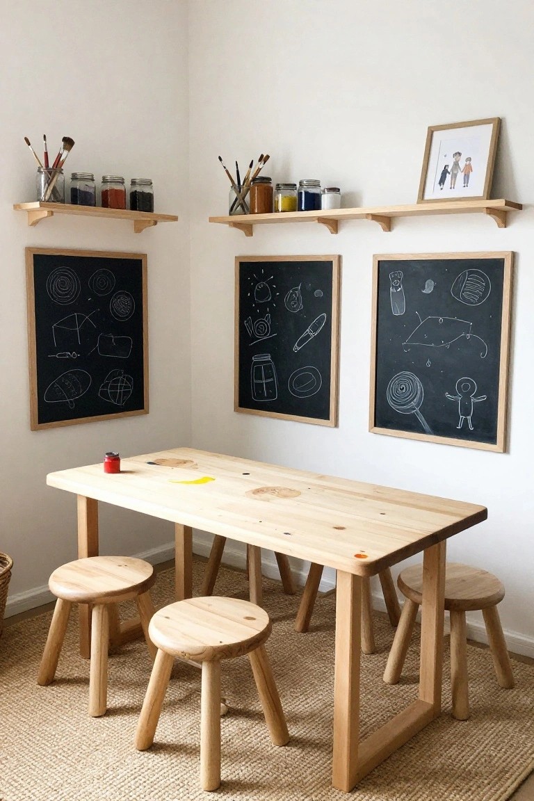 A light pine wood rectangular table with four matching stools in a bright indoor corner, wooden shelves above holding art supplies and jars, and three framed chalkboards with children's drawings on the walls.