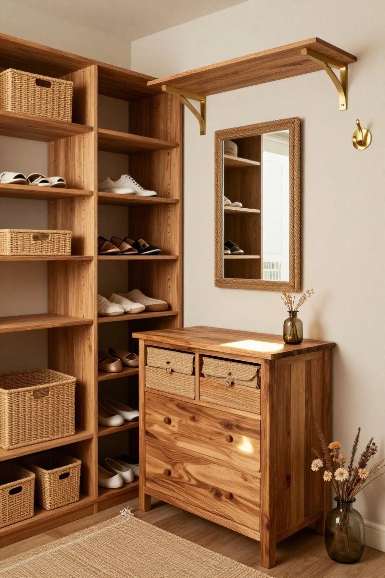 Wooden open shelving units in a corner room display assorted shoes on shelves and wicker baskets, next to a wooden dresser with basket drawers, a round braided mirror, brass hook, and vase of dried flowers on beige walls.