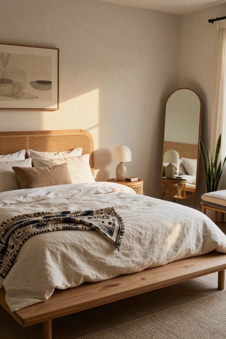 A bedroom with a low wooden platform bed topped by a rattan headboard, white bedding with a patterned throw, two bedside lamps on woven tables, a tall rattan mirror, and a potted snake plant.