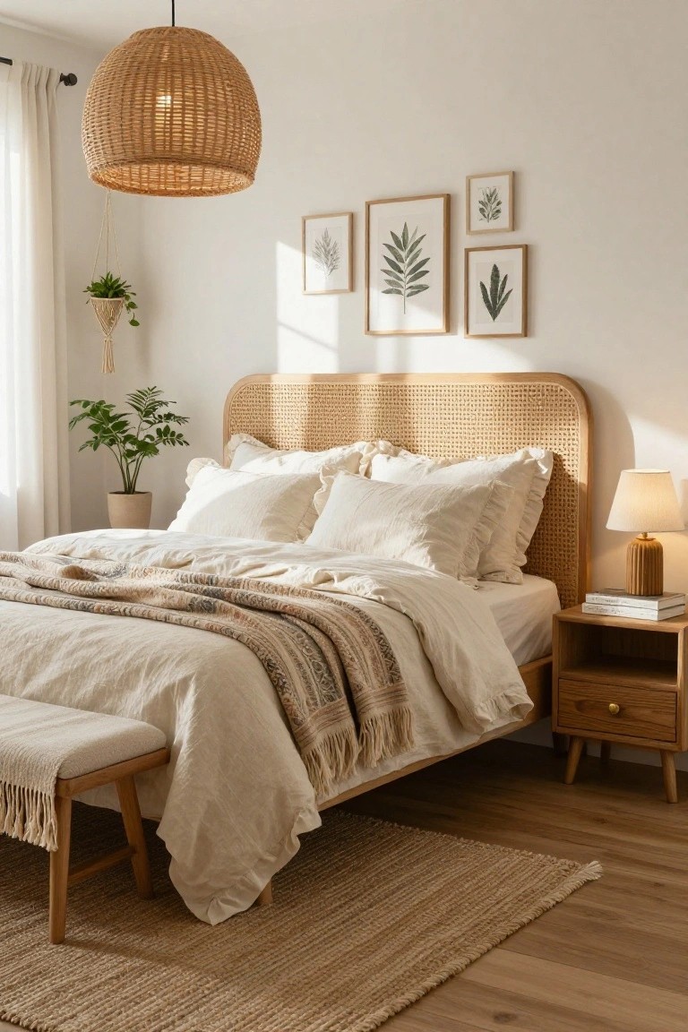 A boho bedroom with a rattan-woven headboard on a bed covered in white linens and a patterned throw, wooden nightstand with lamp and books, potted plants, woven pendant light, wall art, and bench at the foot.