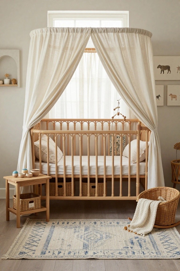A light beige nursery with a round rattan crib under sheer white canopy drapes by a window, wooden side table holding baskets and cups, woven rug on light wood floor, and wall art of animals.