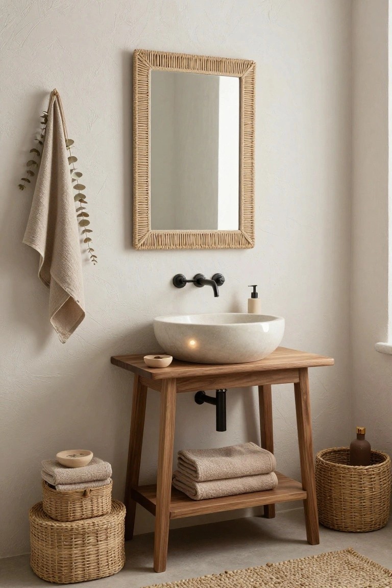 A white vessel sink sits on a wooden console table vanity in a light beige bathroom, with rattan baskets for storage underneath, folded towels on the shelf, a rattan-framed mirror above, and a linen towel hanging nearby.