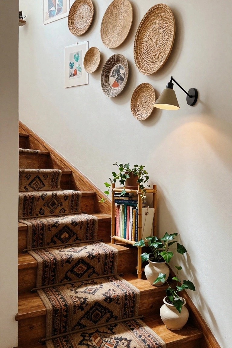 Stairwell with wooden treads covered by a patterned runner, a narrow bamboo shelf at the bottom holding books and potted ivy plants, multiple woven baskets hung on a white wall, potted plants on steps, and a wall-mounted lamp.