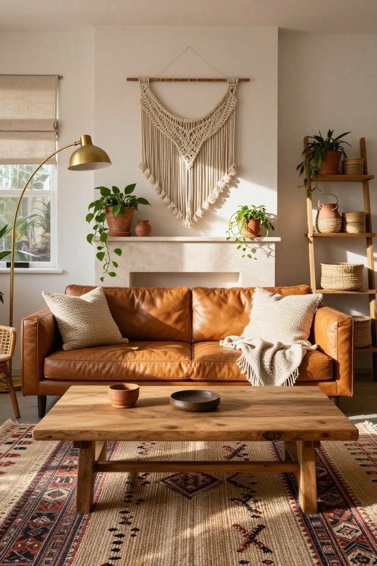 A boho living room with tan leather sofa, white knit pillows and throw, wooden coffee table, macrame wall hanging above limestone fireplace, plants, ladder shelf with baskets, and patterned rug on wood floor.
