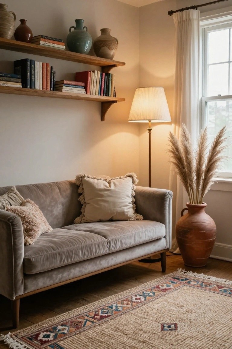 Gray curved velvet sofa with textured pillows on a wooden frame sits in a light-filled living room with wooden shelves holding books and pottery, pampas grass in a vase, a floor lamp, and a patterned rug on hardwood floors.
