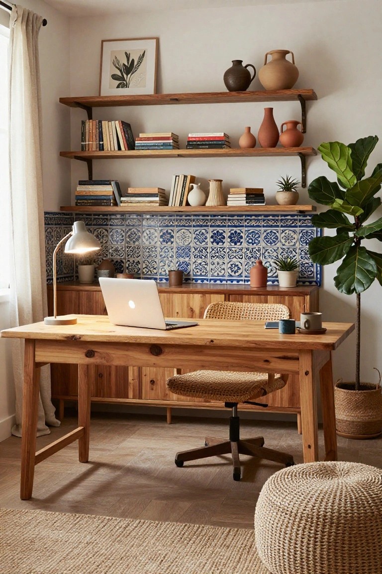 Bright corner home office with light wooden desk topped by open MacBook laptop, wooden cabinets below desk, rattan chair on wheels, wooden shelves holding books and terracotta pottery, blue tiled backsplash, fiddle leaf fig plant, and seagrass rug on wood floor.