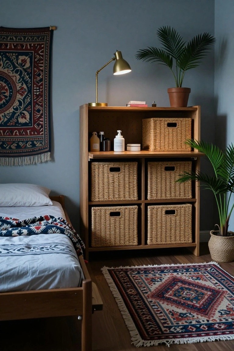 A bedroom corner with a low wooden bed draped in patterned bedding, a tall wooden shelving unit stocked with wicker baskets and potted plants, a desk lamp, a wall-hung tapestry, and a patterned rug on wood floors against blue walls.