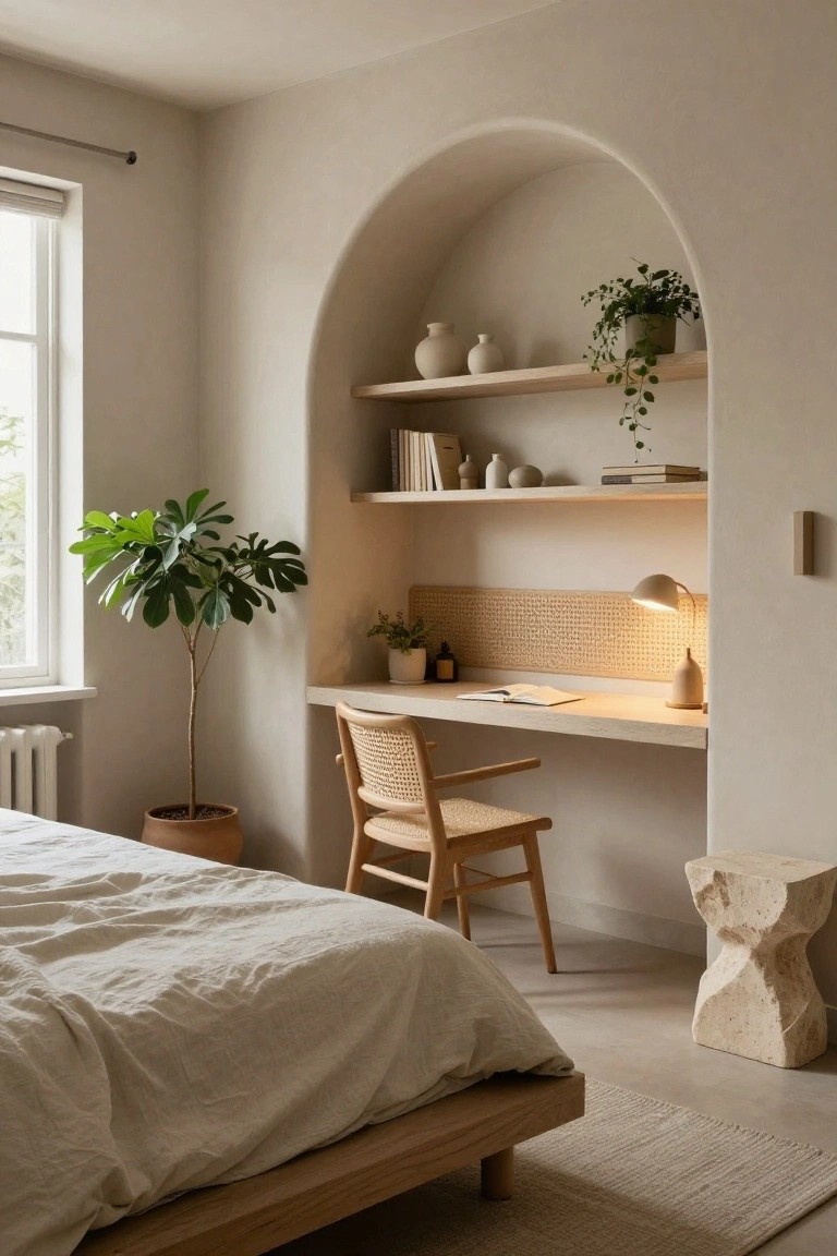 Light beige bedroom with arched wall alcove containing floating wooden shelves with vases and books, a built-in desk with rattan chair and lamp, potted plants, and low wooden platform bed.