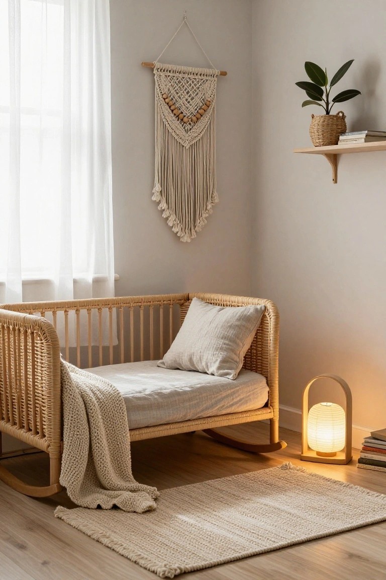 Corner of a light beige nursery room with a rattan rocking crib holding white linens and a knitted blanket, beside a rattan rocking chair, macrame wall hanging, potted plant on shelf, lantern lamp, and woven rug on wood floors.