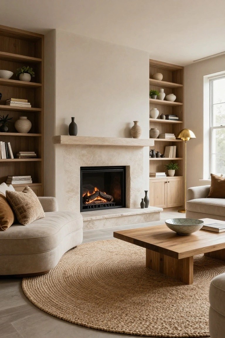 A living room featuring a beige stone fireplace flanked by tall wooden built-in bookshelves filled with books, ceramic vases, and potted plants, with a curved beige sofa, wooden coffee table, seagrass rug, and gold floor lamp nearby.