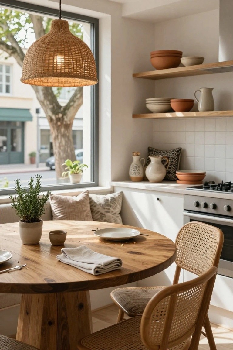 Light-filled kitchen interior with built-in cushioned bench seating around a round wooden table by a large window, rattan pendant light overhead, open oak shelves holding terracotta and ceramic pottery, white subway tile backsplash, and adjacent gas cooktop.