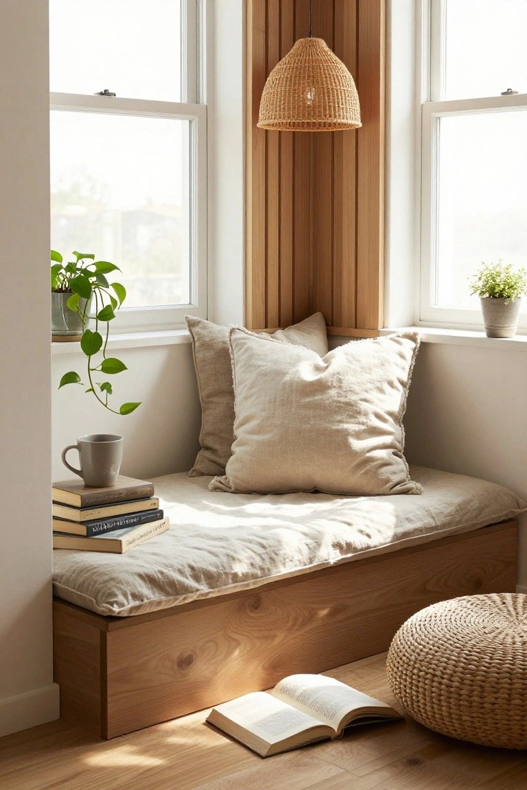 Indoor window nook featuring a wooden built-in bench with beige linen cushions, potted plants on the sill, stacked books, a ceramic mug, and a rattan pendant light hanging above.