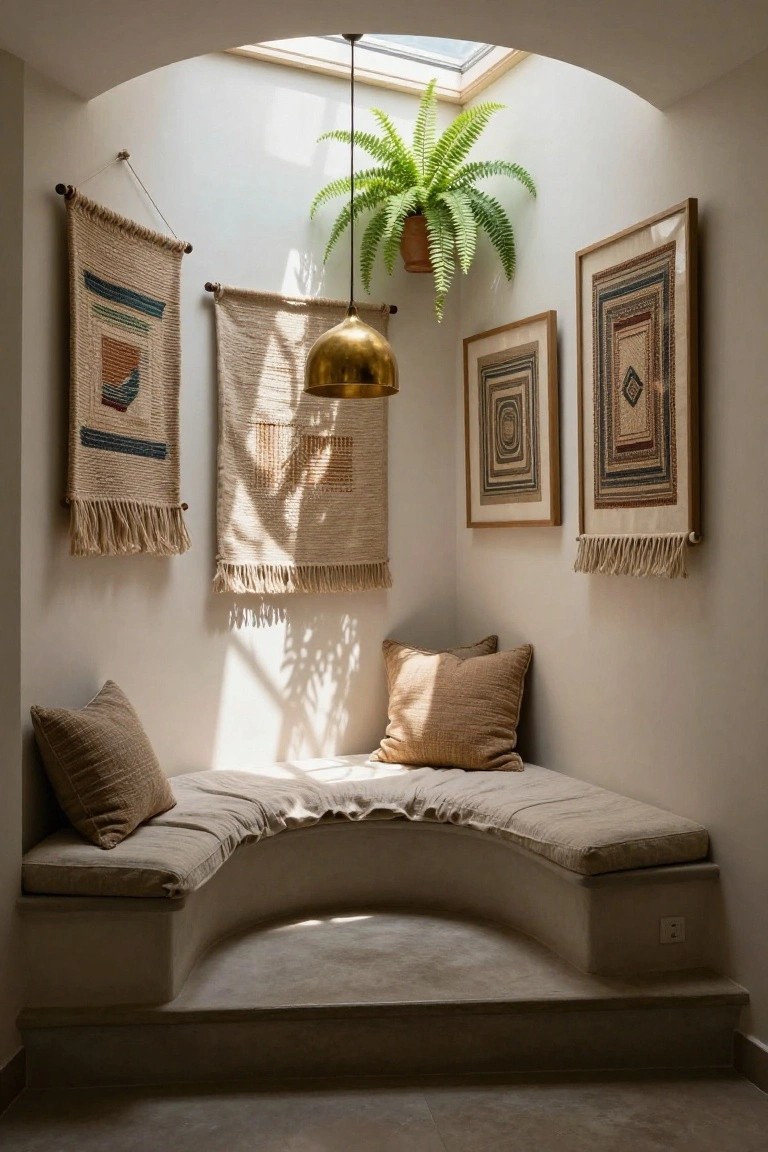 Sunlit arched interior niche with curved beige built-in bench seat topped by linen cushions and pillows, woven wall hangings with fringe, framed textile art, hanging fern plant, and gold pendant lamp overhead.
