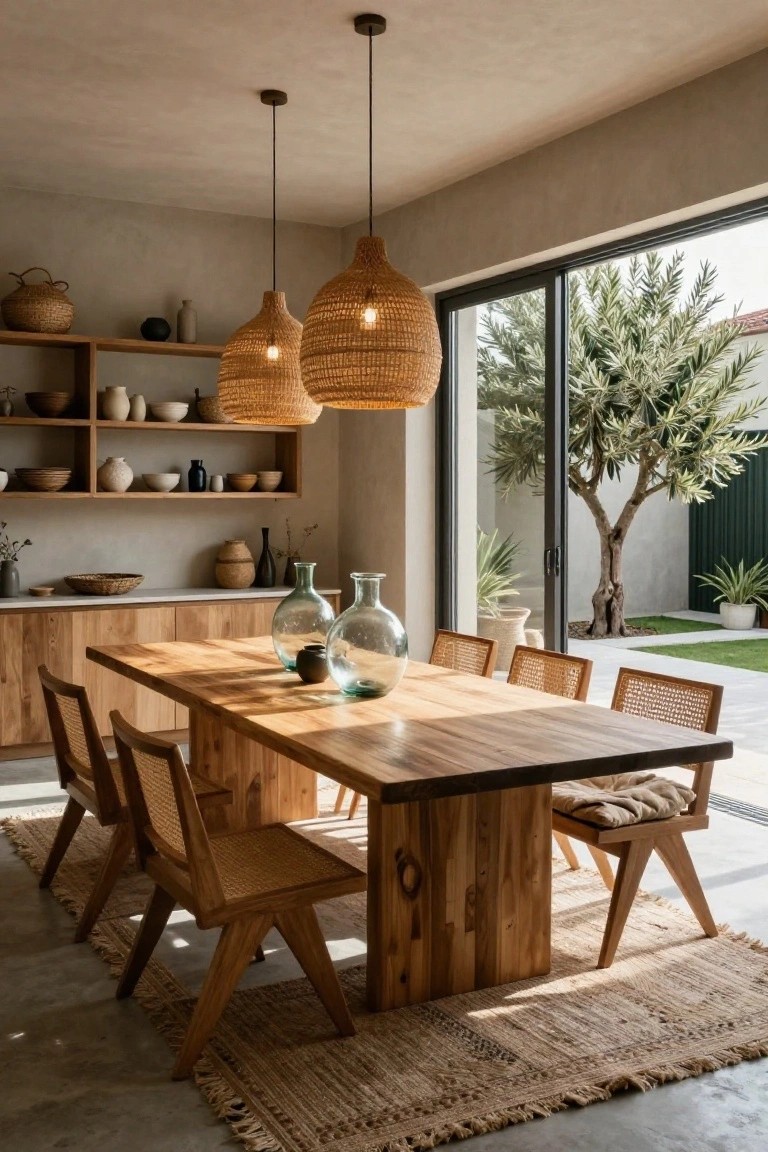 Beige interior dining room with rectangular wooden table, eight rattan-back chairs, two large hanging woven pendant lights, open shelves holding ceramic pots and vases, wooden base cabinets, and sliding glass doors to outdoor garden with olive tree.