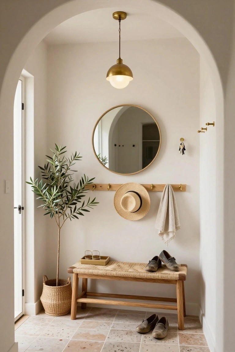 Arched white entryway with wooden bench topped in rattan, pair of shoes on terracotta tile floor, oak peg rail hooks holding straw hat and linen towel, round gold mirror, potted olive plant, and gold pendant light.