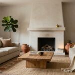 Living room interior with textured plaster fireplace surround, fiddle leaf fig plant in terracotta pot beside it, beige linen sofa with throw, rattan armchairs, round pedestal wood coffee table with stacked books, jute area rug, and abstract framed artwork above mantel.