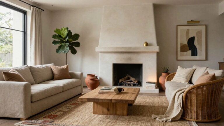 Living room interior with textured plaster fireplace surround, fiddle leaf fig plant in terracotta pot beside it, beige linen sofa with throw, rattan armchairs, round pedestal wood coffee table with stacked books, jute area rug, and abstract framed artwork above mantel.