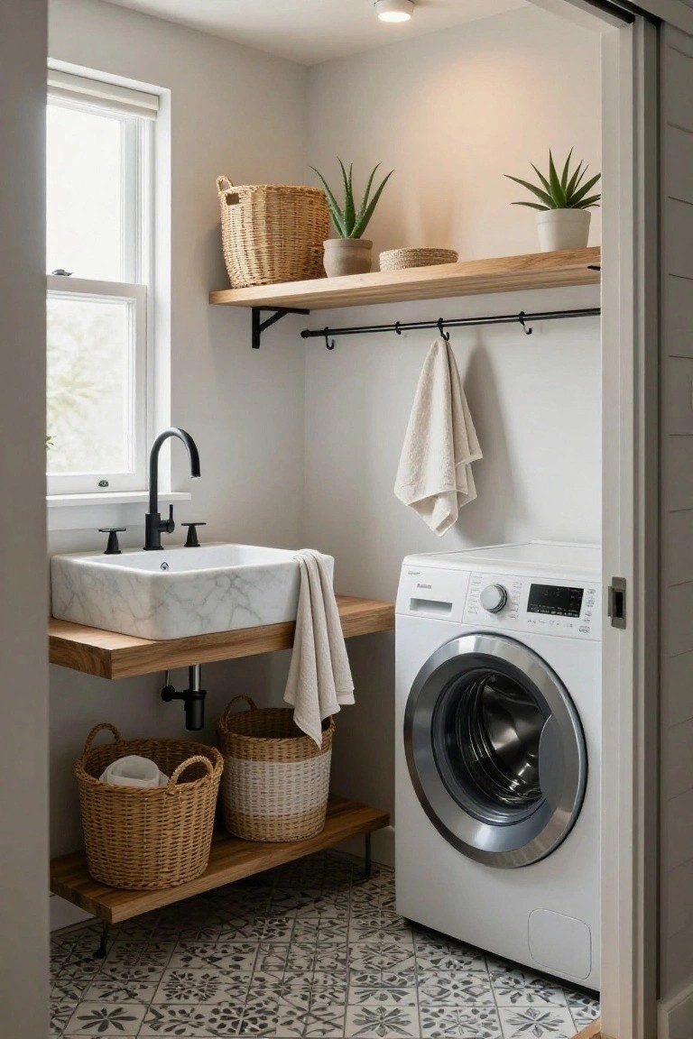 Compact indoor laundry room with white marble vessel sink on floating wooden shelf above white front-loading washer, wicker baskets underneath shelf, plants on upper wooden shelves, black faucet, hanging towel, and black-and-white patterned tile floor.