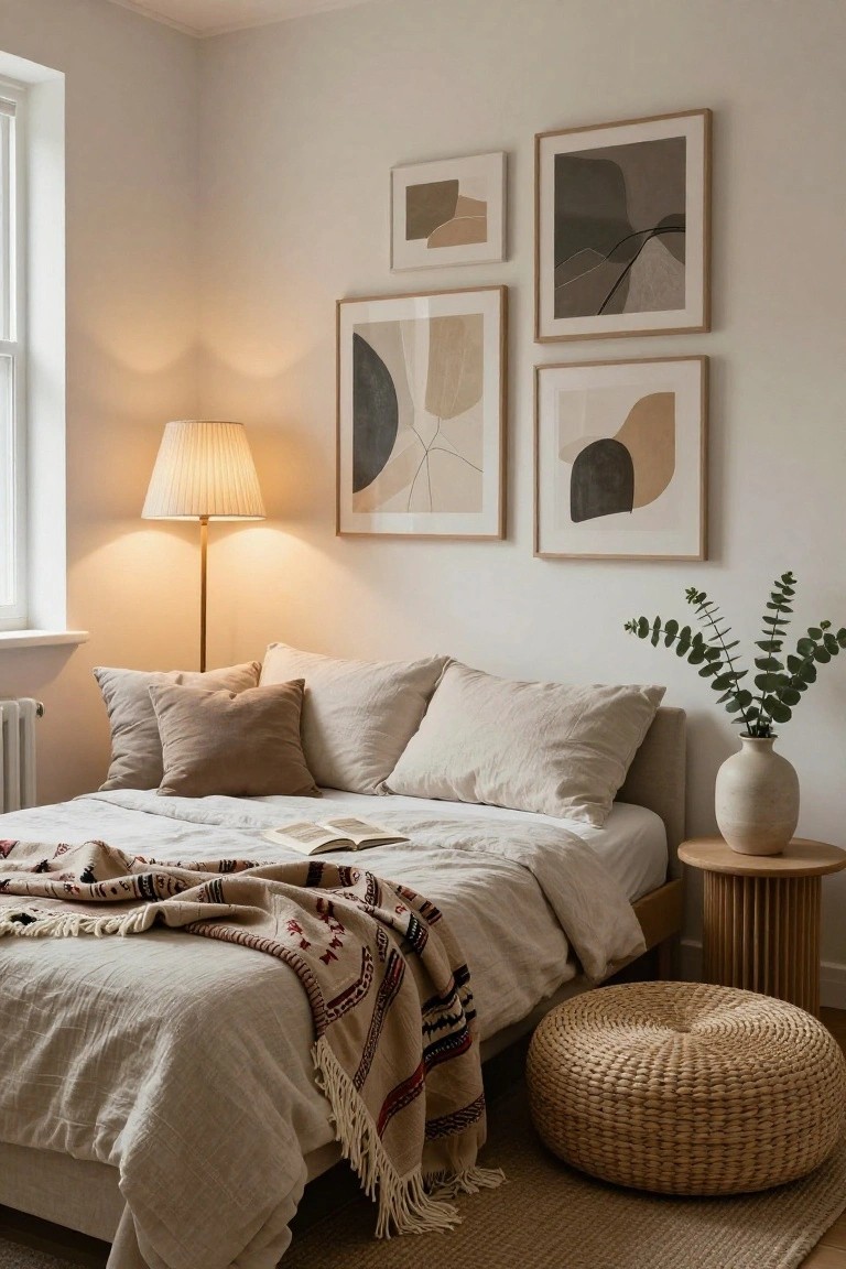 Bedroom corner with platform bed covered in white linen sheets and pillows, multicolored woven throw draped over foot, beige rattan side table holding eucalyptus vase, woven pouf on floor, floor lamp, and wall of four framed abstract neutral-toned artworks.