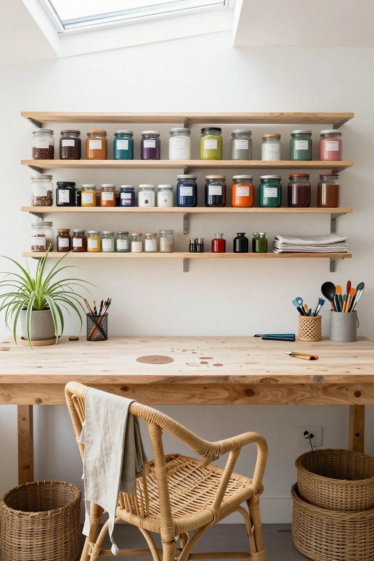 Open oak shelves filled with colorful labeled glass jars containing spices, nuts, and powders, above a wooden desk with rattan chair, potted spider plant, brushes, and utensils in a bright room with skylight.