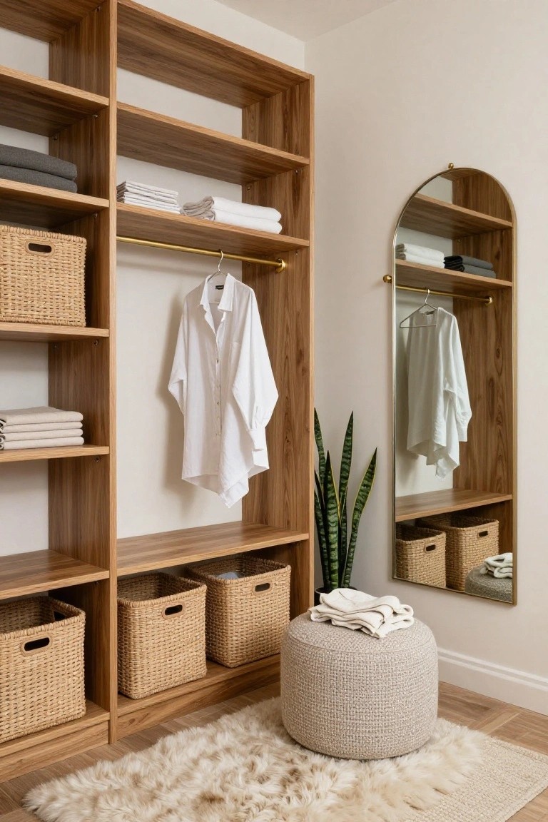 Walk-in closet with open light wood shelving holding folded white towels and linens, wicker baskets, brass hanging rods with white shirts, arched gold mirror, potted snake plant, cream upholstered ottoman, and light shag rug on wood floor.