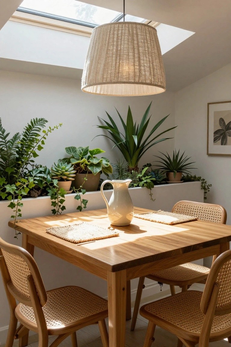 Small square wooden dining table with rattan chairs, white jug centerpiece, and placemats in a white-walled room featuring a continuous white ledge filled with various potted plants, large fabric pendant lamp overhead, and skylight in the ceiling.