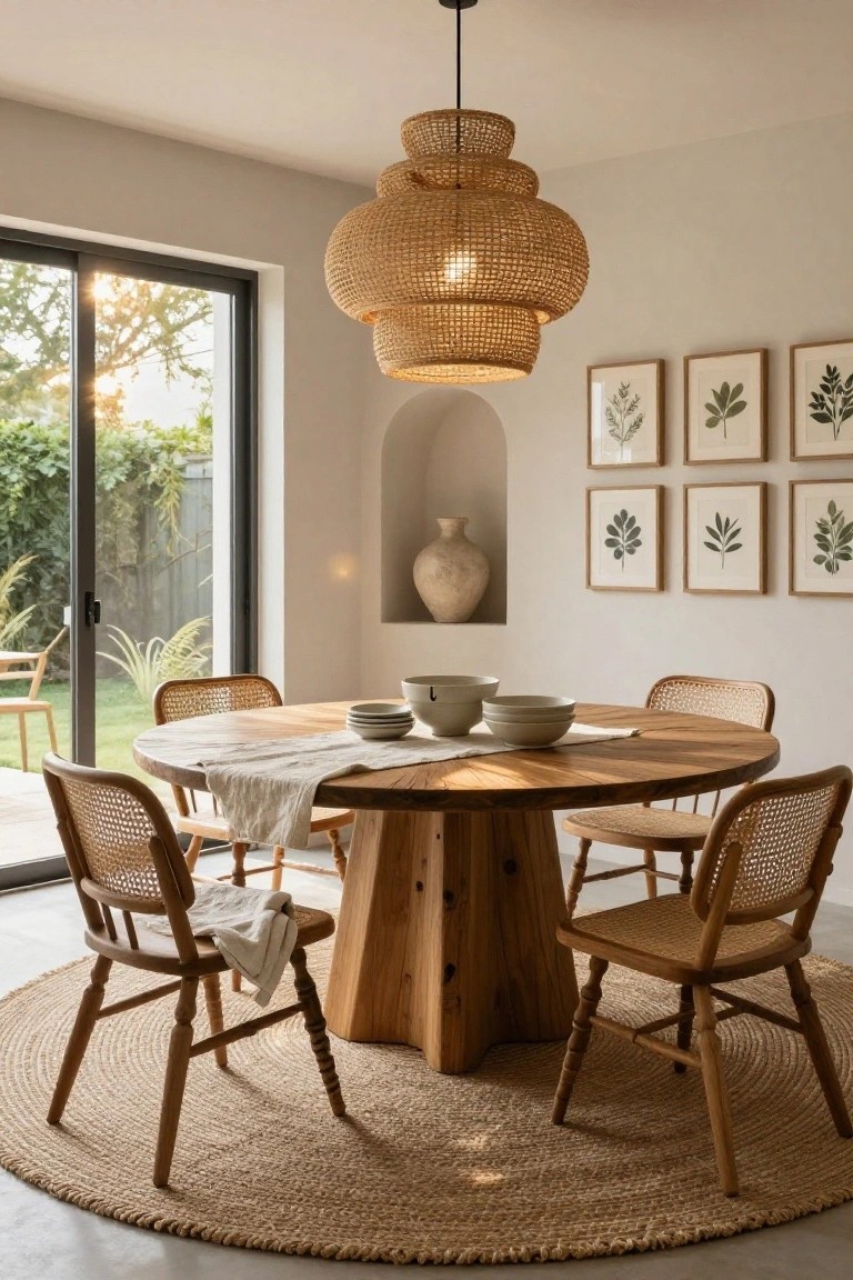 A light beige dining room with a round wooden table set with white bowls and a runner, four rattan chairs, a round seagrass rug, large tiered rattan pendant light overhead, sliding glass doors to greenery, leaf artwork on walls, and a tall vase in a wall niche.
