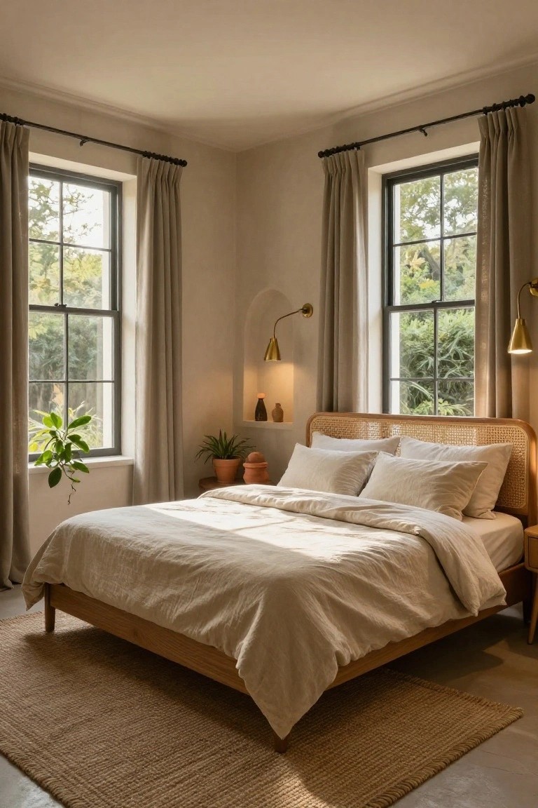 Sunlit corner of a bedroom with a low wooden bed frame featuring rattan headboard, white linen bedding and pillows, jute area rug, potted plants on nightstands, arched wall niche with sconces, and large windows draped in beige curtains overlooking trees.