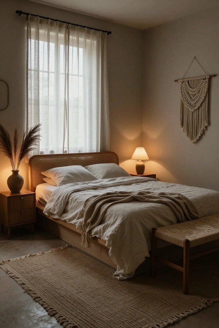 Bedroom corner with rattan headboard bed draped in white linen sheets and throw, wooden nightstand holding lamp and pampas grass vase, macrame wall hanging, sheer curtains over window, jute rug on concrete floor, rattan bench at bed foot.