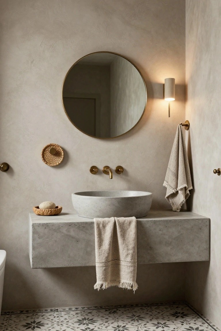 Bathroom with beige textured plaster walls, floating gray concrete vanity with white vessel sink, brass faucets, round gold-framed mirror, woven soap dish and basket, hanging beige towels, wall sconce, and black and white star-patterned floor tiles.