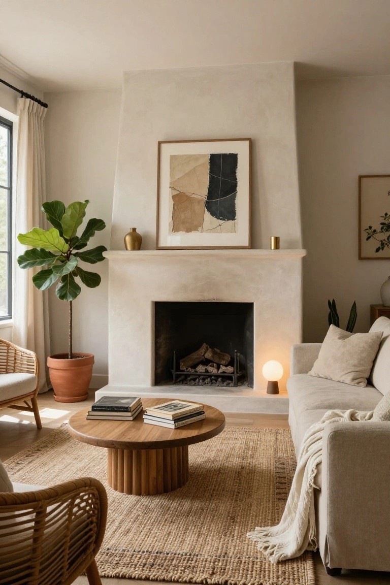 Living room interior with textured plaster fireplace surround, fiddle leaf fig plant in terracotta pot beside it, beige linen sofa with throw, rattan armchairs, round pedestal wood coffee table with stacked books, jute area rug, and abstract framed artwork above mantel.