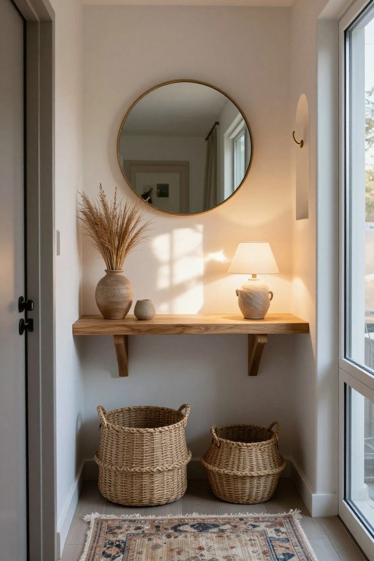 Narrow entryway hallway with light wood floating shelf displaying tall pampas grass in terracotta vase, small stone pot, and white ceramic lamp, large round gold mirror on wall, two woven seagrass baskets on floor, patterned rug, door, and large window.