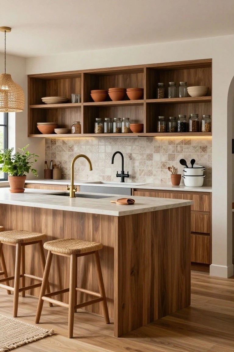 Kitchen with warm wood open shelves displaying terracotta pots, ceramic bowls, glass jars, and utensils, white quartz island with rattan stools, gold gooseneck faucet, and beige tiled backsplash.
