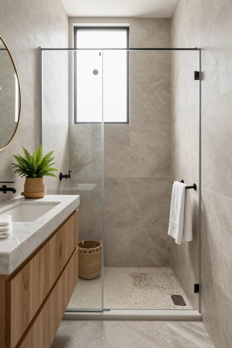 Contemporary bathroom with light oak wood vanity topped by white marble sink, round gold mirror, glass shower enclosure with pebble floor, ferns in woven pots, and white towels on beige stone tiled walls and floor.