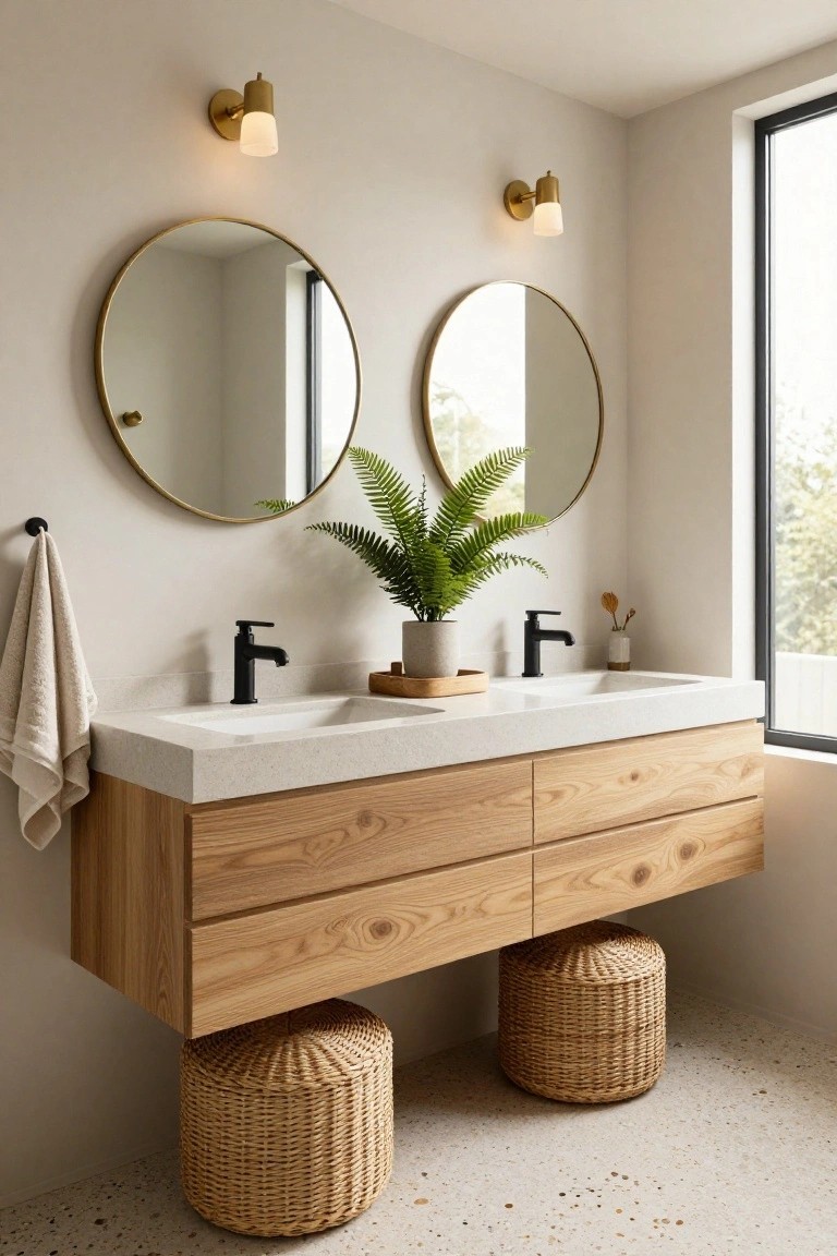 Contemporary bathroom with floating oak wood vanity raised on two round woven rattan basket stools, white quartz countertop, two matte black faucets, large round brass mirrors, potted ferns, folded towel, and window overlooking greenery.