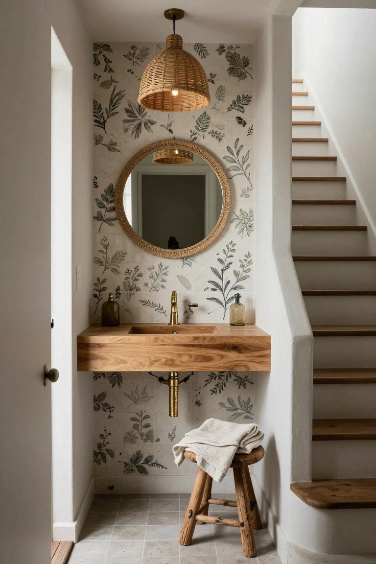 A compact powder room under wooden stairs with walls covered in gray botanical leaf-patterned tiles, a floating wood vanity with brass faucet and exposed pipes, round mirror with rattan frame, wooden stool with draped towel, and neutral tile floor.
