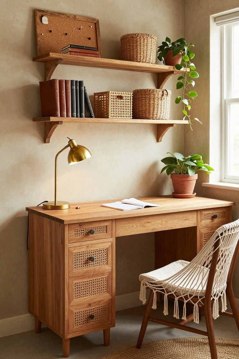 Wooden desk with cane-fronted drawers and brass pulls in a beige-walled room, paired with a white macrame chair, gold adjustable lamp, wooden shelves holding books and baskets, and several potted plants.